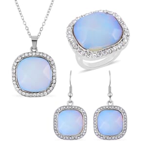 Opalite and Austrian Crystal Dangle Earrings, Halo Ring (Size 9.0) and Pendant Necklace 20 Inches in Silvertone 14.00 ctw