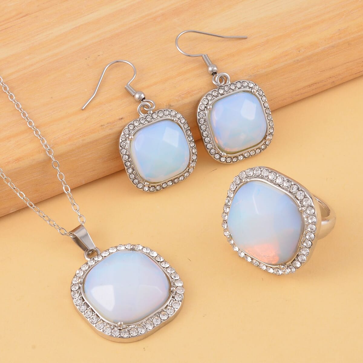 Opalite and Austrian Crystal Dangle Earrings, Halo Ring (Size 9.0) and Pendant Necklace 20 Inches in Silvertone 14.00 ctw image number 1