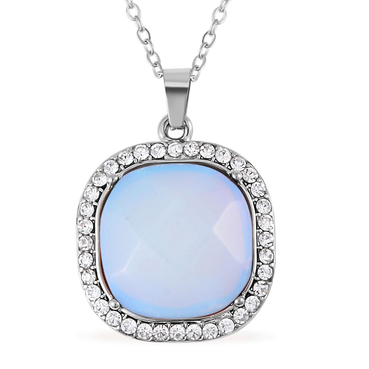 Opalite and Austrian Crystal Dangle Earrings, Halo Ring (Size 9.0) and Pendant Necklace 20 Inches in Silvertone 14.00 ctw image number 5