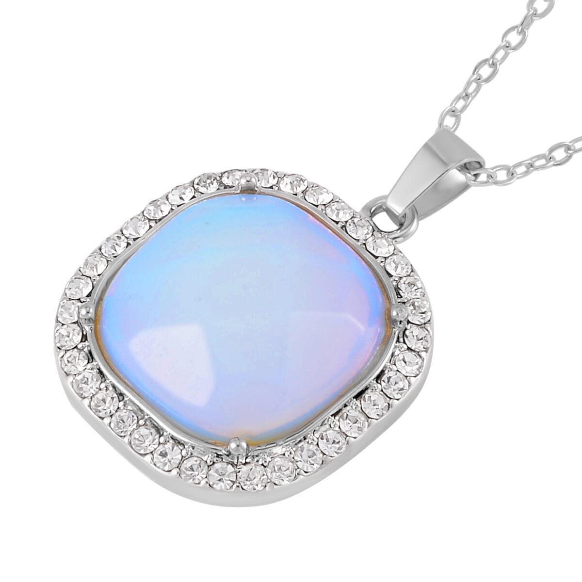 Opalite and Austrian Crystal Dangle Earrings, Halo Ring (Size 9.0) and Pendant Necklace 20 Inches in Silvertone 14.00 ctw image number 6