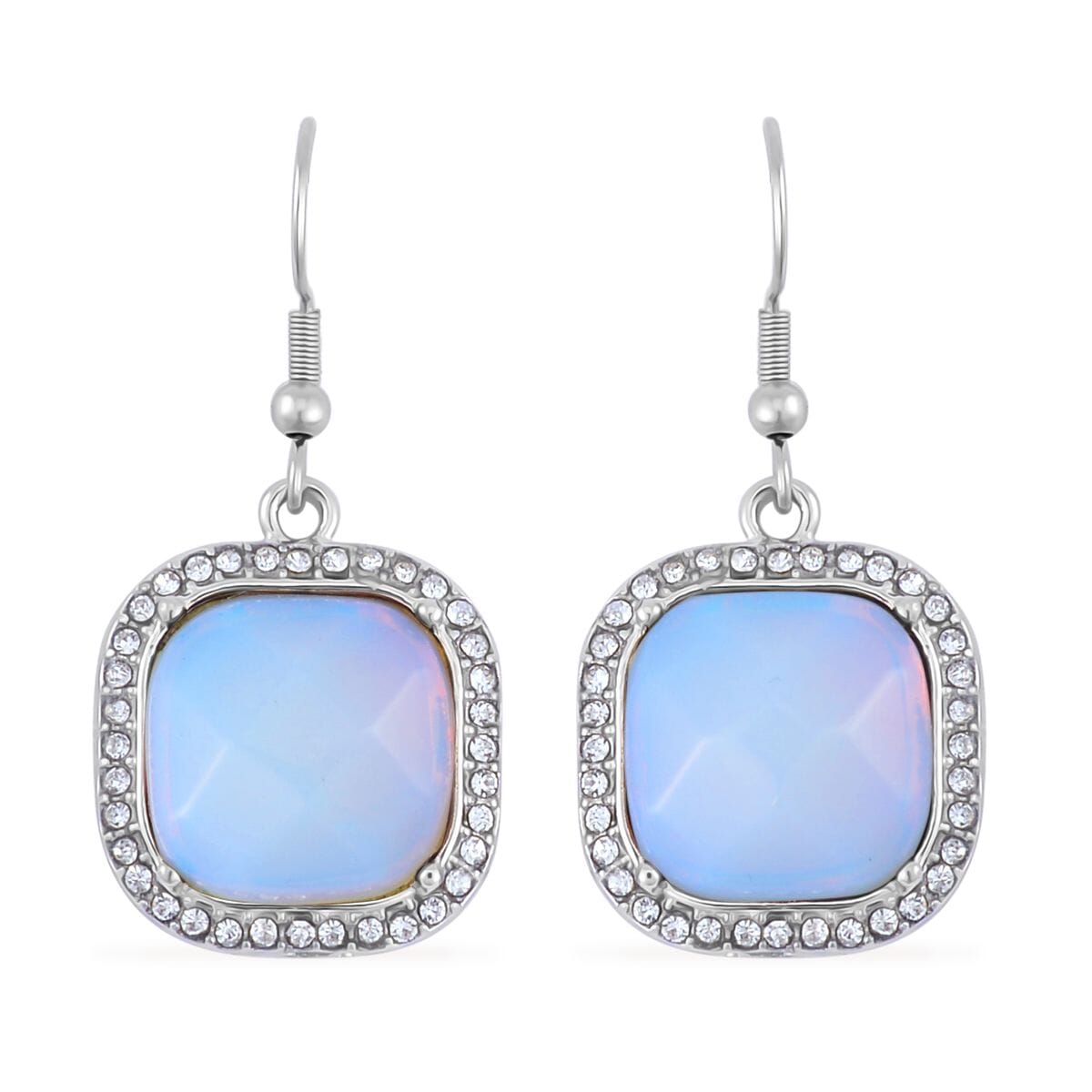 Opalite and Austrian Crystal Dangle Earrings, Halo Ring (Size 9.0) and Pendant Necklace 20 Inches in Silvertone 14.00 ctw image number 7