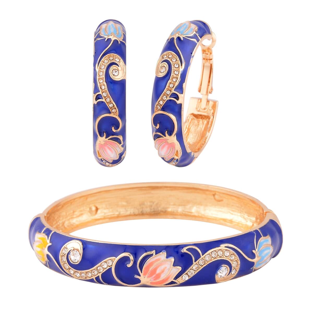 White Austrian Crystal and Blue Enameled Earrings and Bangle Bracelet (7.50 In) in Goldtone image number 0