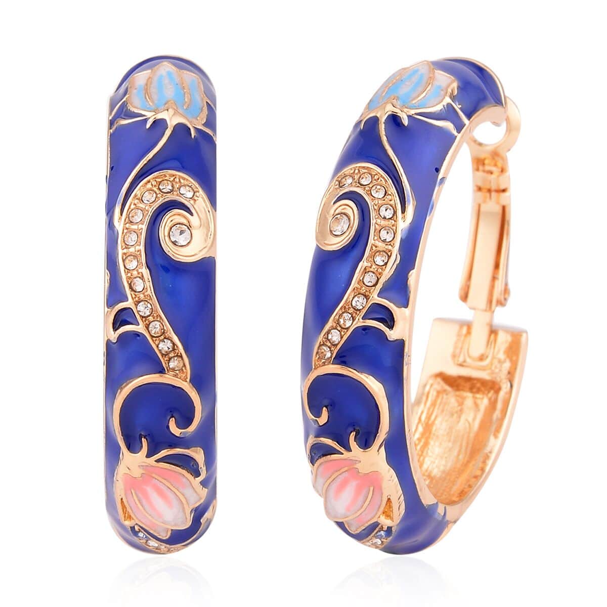 White Austrian Crystal and Blue Enameled Earrings and Bangle Bracelet (7.50 In) in Goldtone image number 6