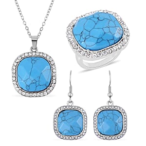 Blue Howlite and Austrian Crystal Dangle Earrings, Halo Ring (Size 7.0) and Pendant Necklace 20 Inches in Silvertone 14.00 ctw