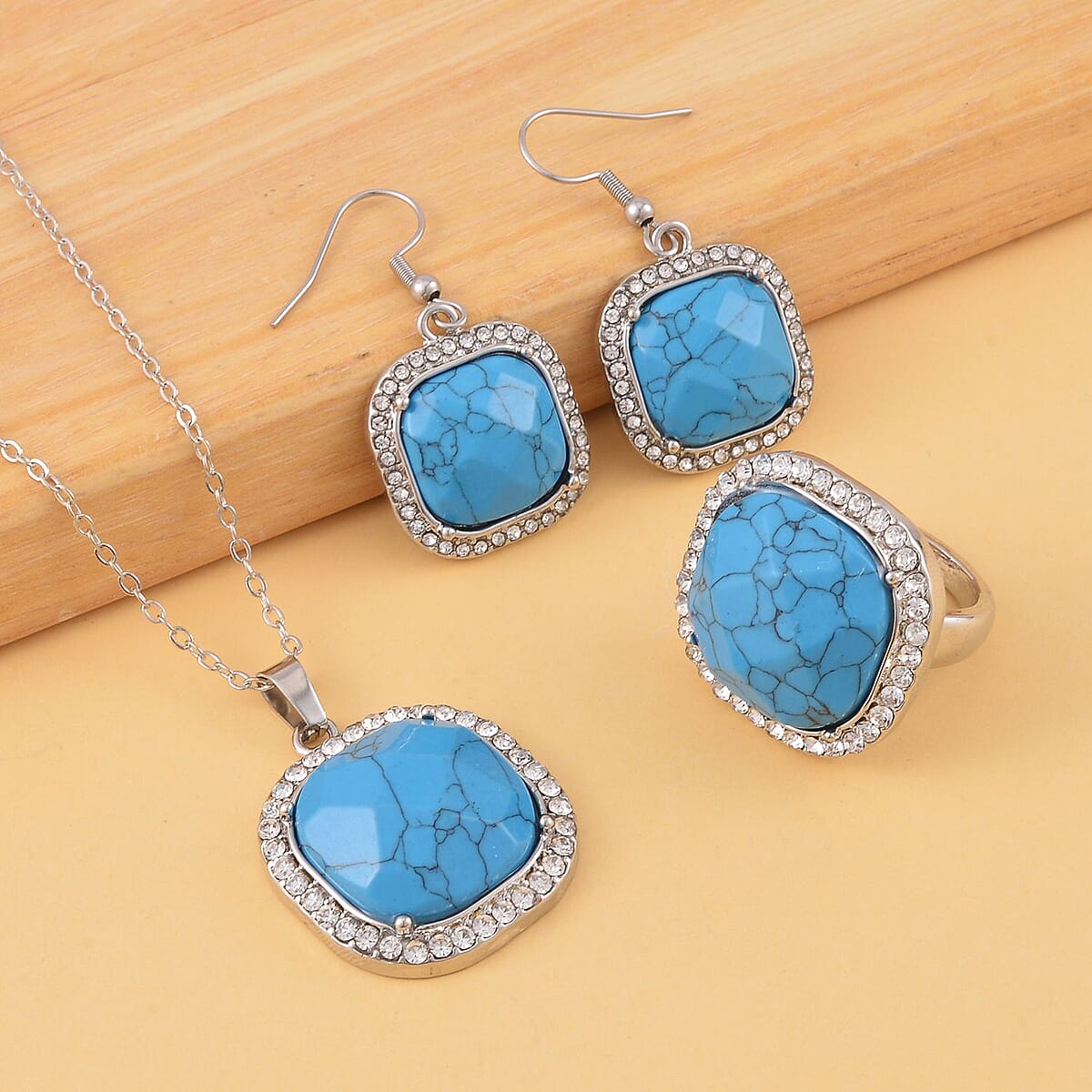Blue Howlite and Austrian Crystal Dangle Earrings, Halo Ring (Size 7.0) and Pendant Necklace 20 Inches in Silvertone 14.00 ctw image number 1