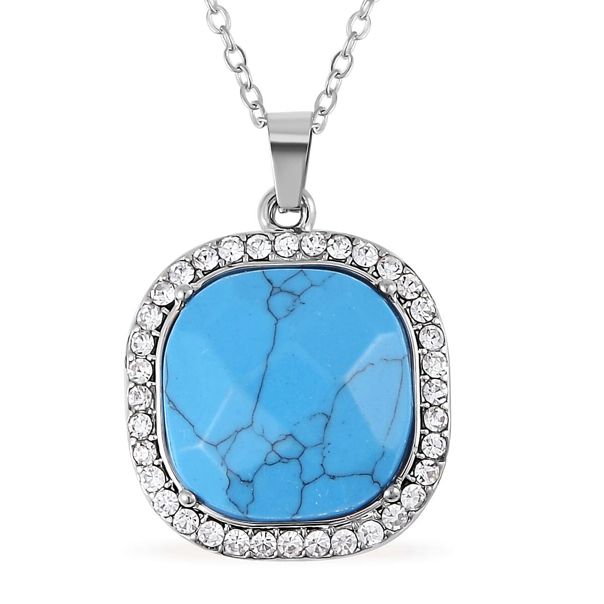 Blue Howlite and Austrian Crystal Dangle Earrings, Halo Ring (Size 7.0) and Pendant Necklace 20 Inches in Silvertone 14.00 ctw image number 5