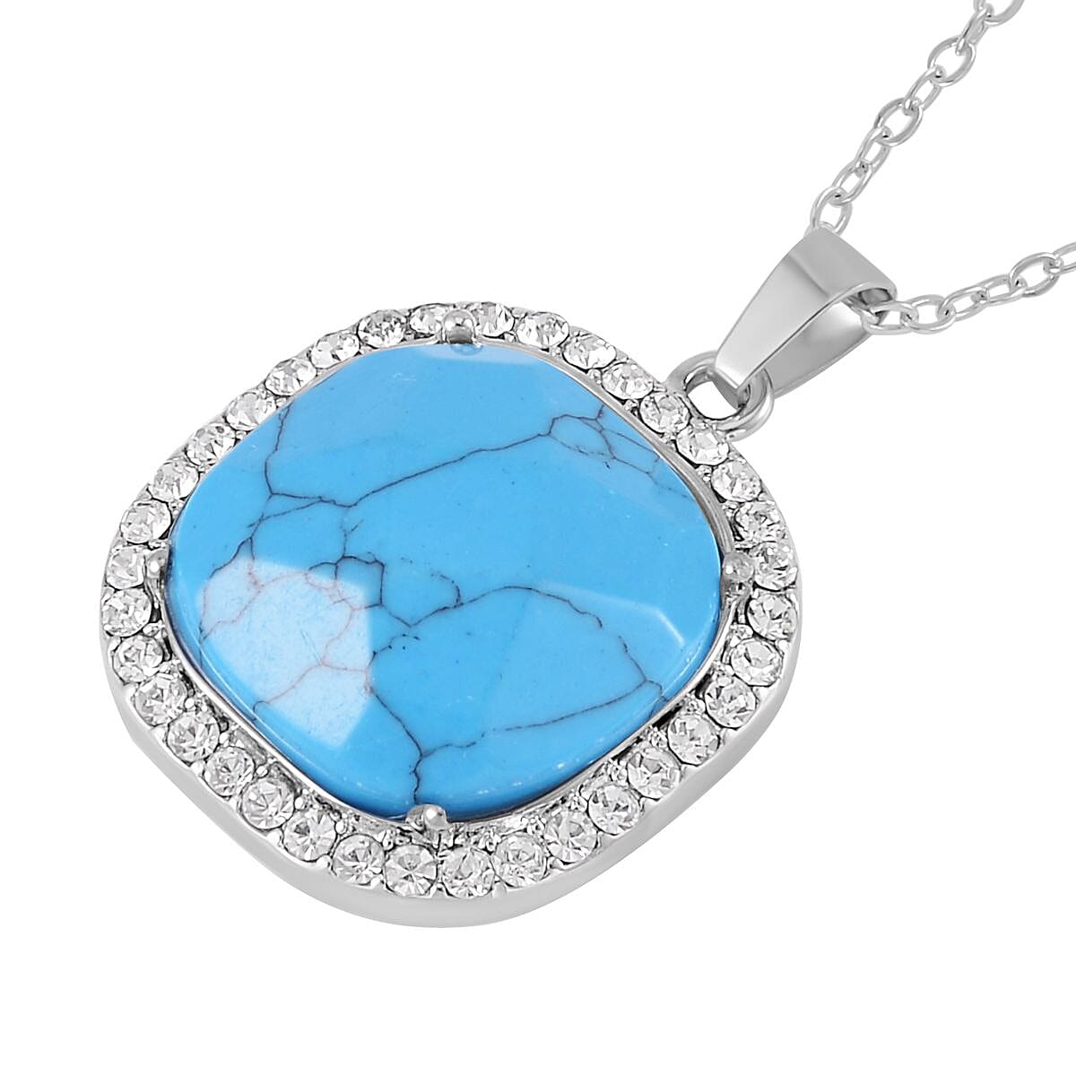 Blue Howlite and Austrian Crystal Dangle Earrings, Halo Ring (Size 7.0) and Pendant Necklace 20 Inches in Silvertone 14.00 ctw image number 6