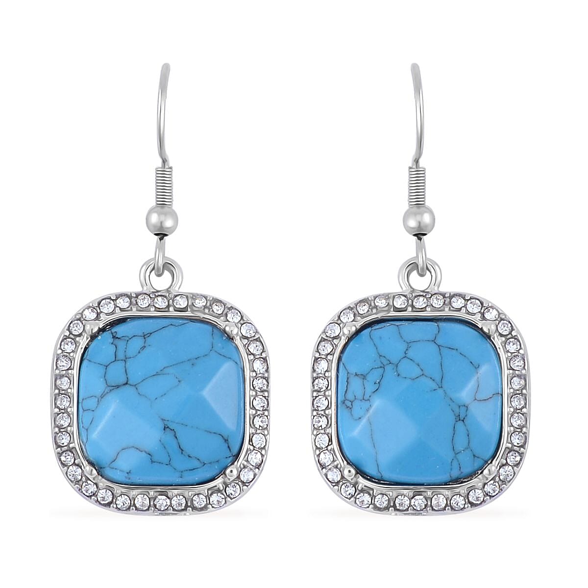 Blue Howlite and Austrian Crystal Dangle Earrings, Halo Ring (Size 7.0) and Pendant Necklace 20 Inches in Silvertone 14.00 ctw image number 7