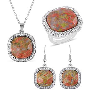 Unakite and Austrian Crystal Dangle Earrings, Halo Ring (Size 8.0) and Pendant Necklace 20 Inches in Silvertone 14.00 ctw