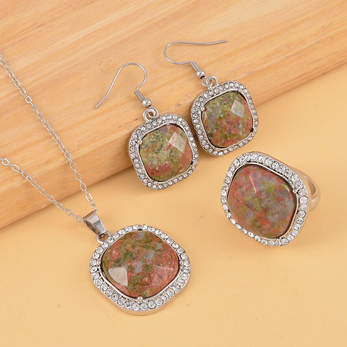 Unakite and Austrian Crystal Dangle Earrings, Halo Ring (Size 8.0) and Pendant Necklace 20 Inches in Silvertone 14.00 ctw image number 1