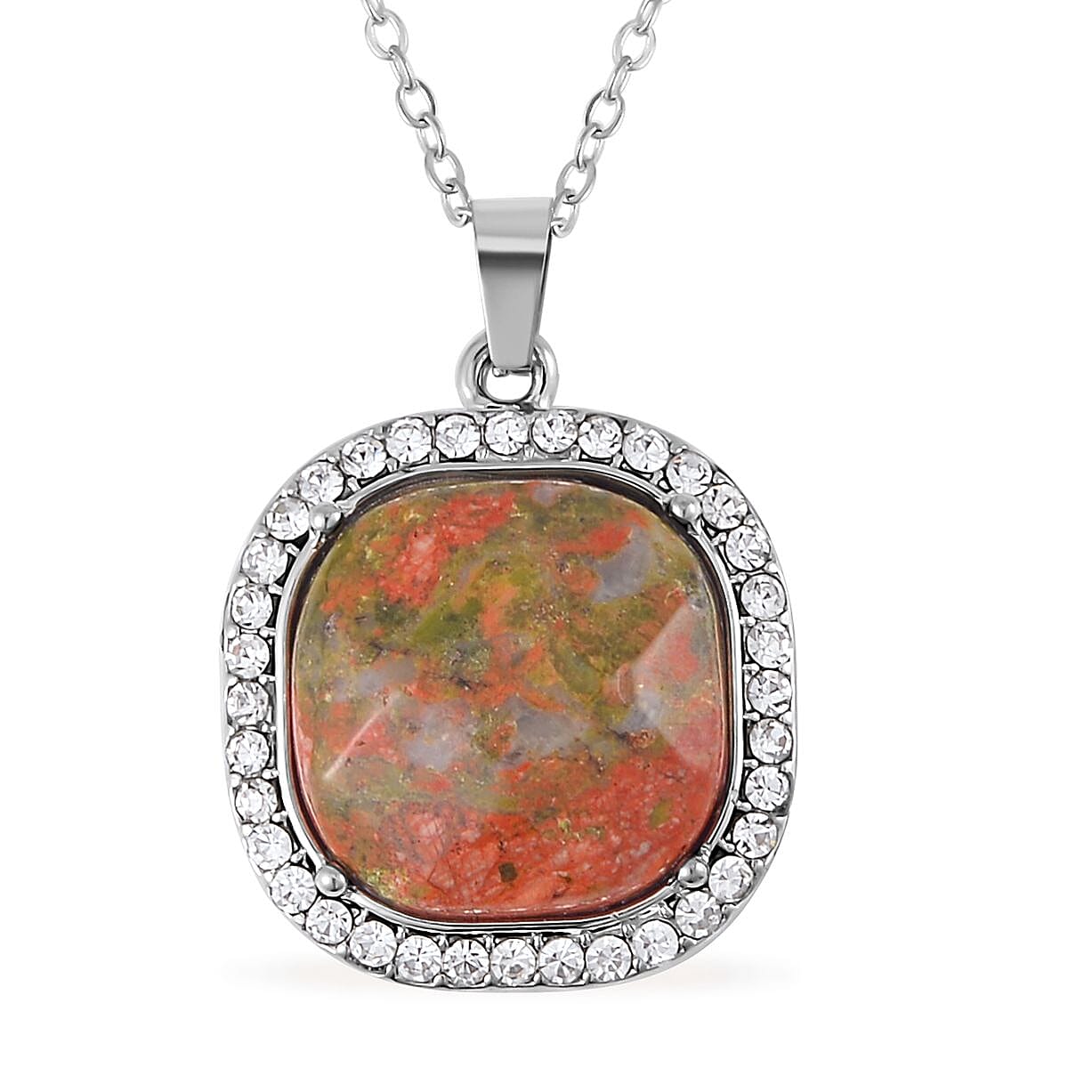 Unakite and Austrian Crystal Dangle Earrings, Halo Ring (Size 8.0) and Pendant Necklace 20 Inches in Silvertone 14.00 ctw image number 5