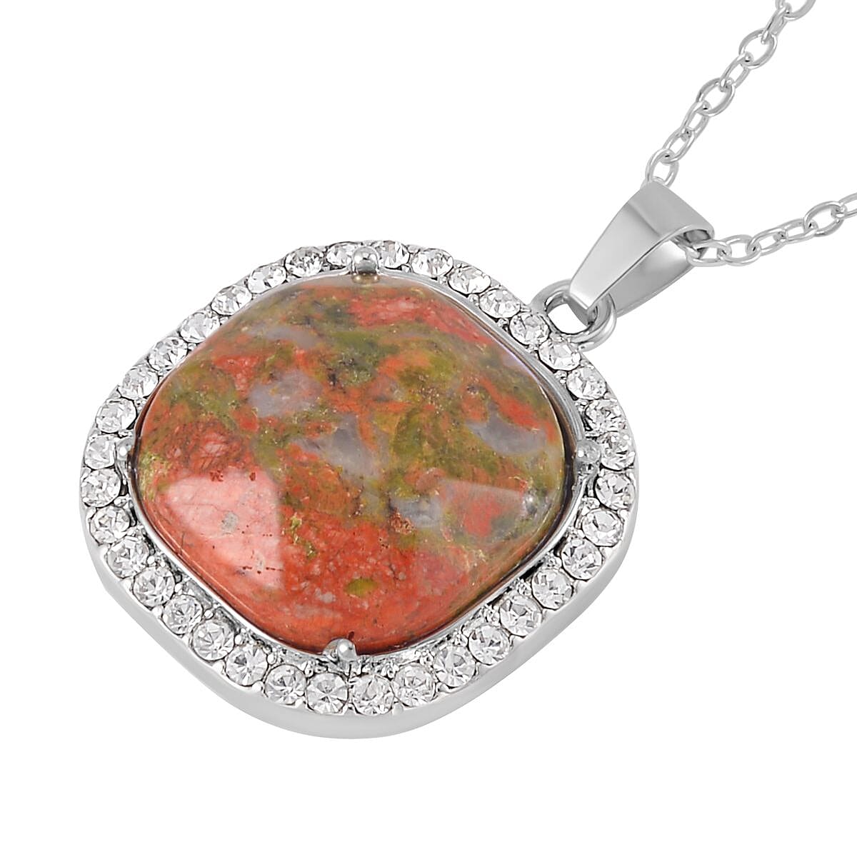 Unakite and Austrian Crystal Dangle Earrings, Halo Ring (Size 8.0) and Pendant Necklace 20 Inches in Silvertone 14.00 ctw image number 6