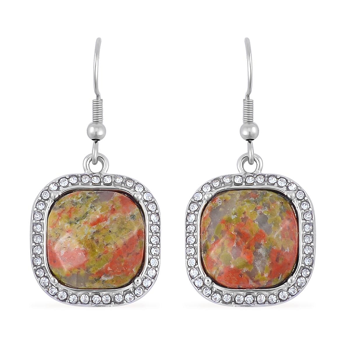 Unakite and Austrian Crystal Dangle Earrings, Halo Ring (Size 8.0) and Pendant Necklace 20 Inches in Silvertone 14.00 ctw image number 7