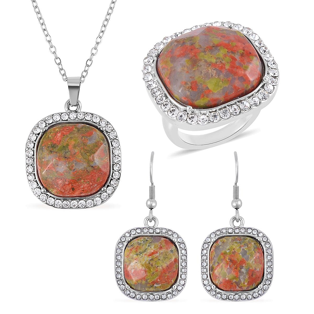 Unakite and Austrian Crystal Dangle Earrings, Halo Ring (Size 10.0) and Pendant Necklace 20 Inches in Silvertone 14.00 ctw image number 0