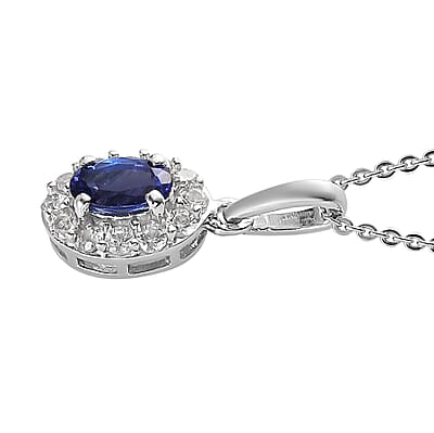 AAA Tanzanite and White Zircon Halo Pendant Necklace 20 Inches in Platinum Over Sterling Silver 0.85 ctw