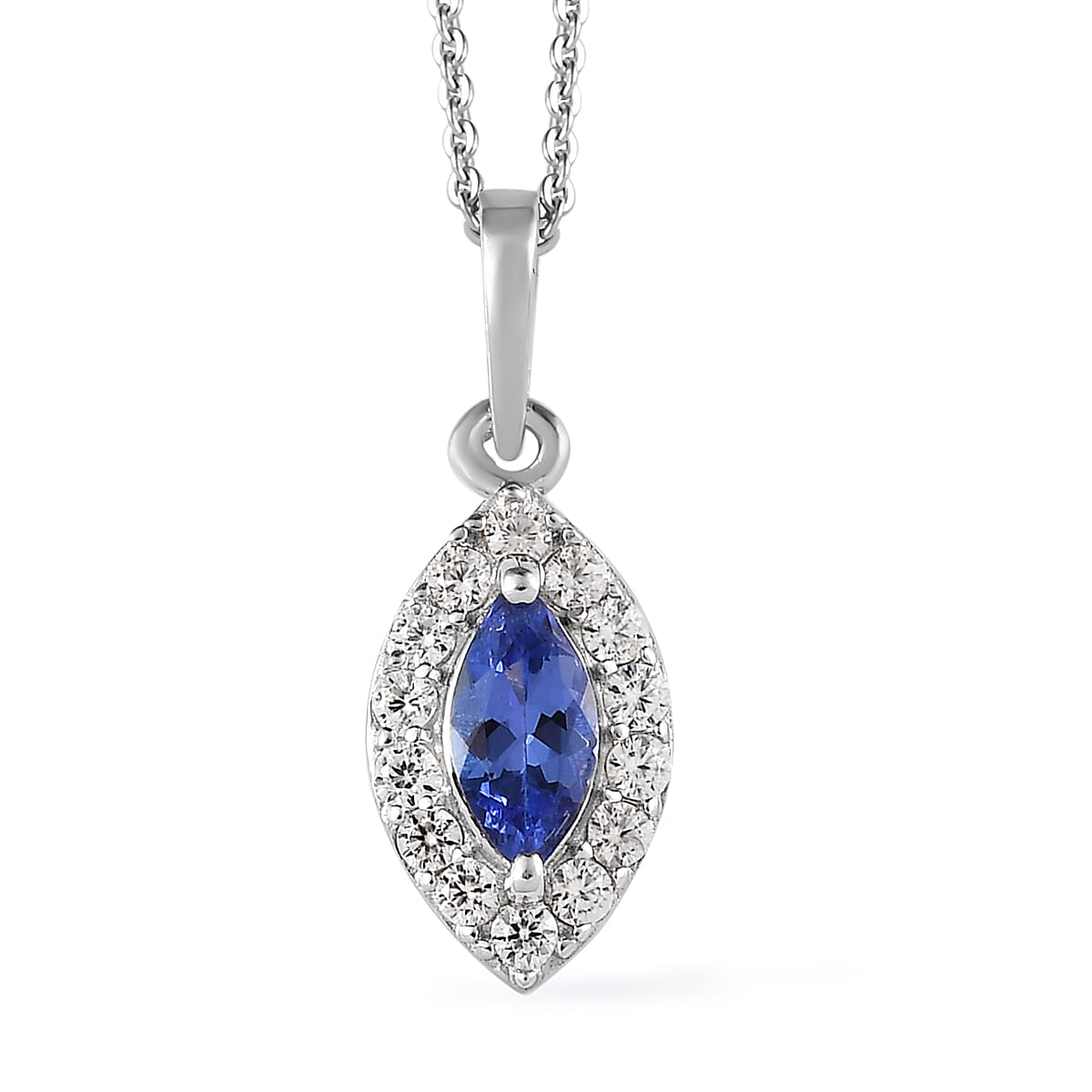 AAA Tanzanite and White Zircon Halo Pendant Necklace 20 Inches in Platinum Over Sterling Silver 1.00 ctw