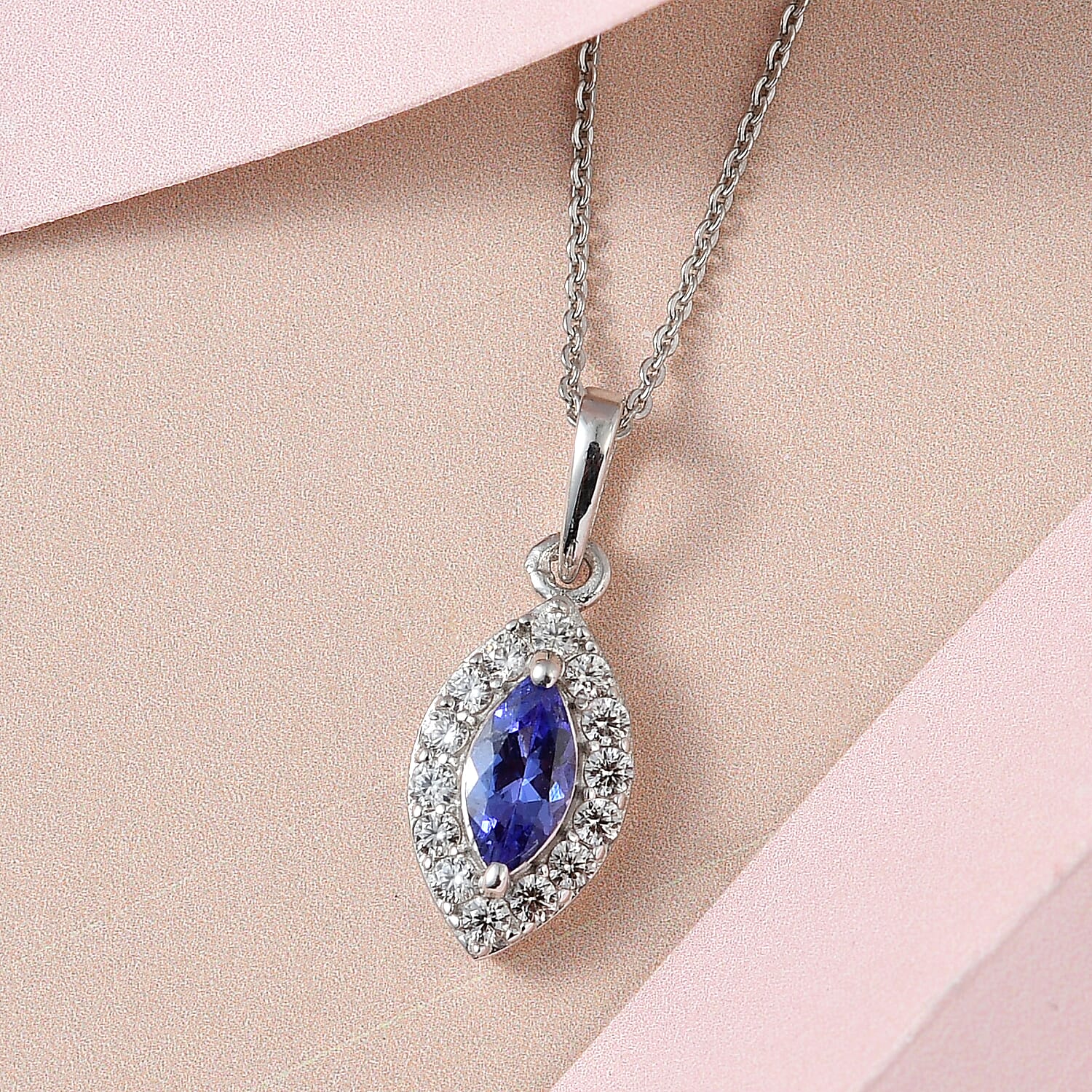 AAA Tanzanite and White Zircon Halo Pendant Necklace 20 Inches in Platinum Over Sterling Silver 1.00 ctw