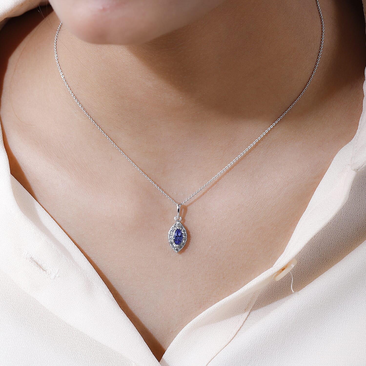 AAA Tanzanite and White Zircon Halo Pendant Necklace 20 Inches in Platinum Over Sterling Silver 1.00 ctw