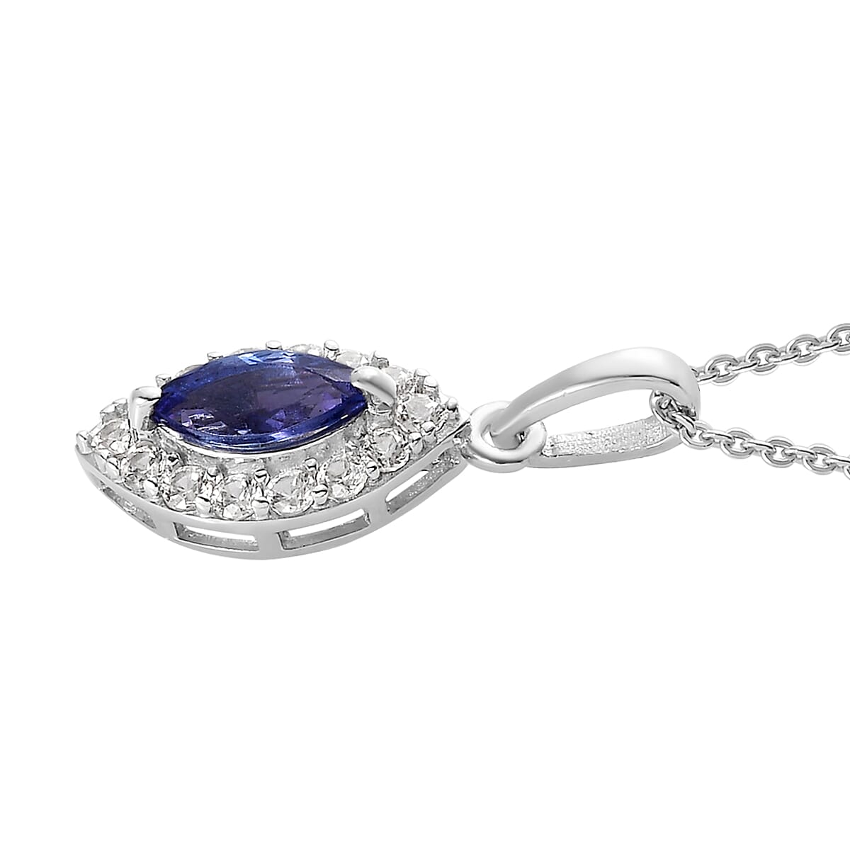 AAA Tanzanite and White Zircon Halo Pendant Necklace 20 Inches in Platinum Over Sterling Silver 1.00 ctw