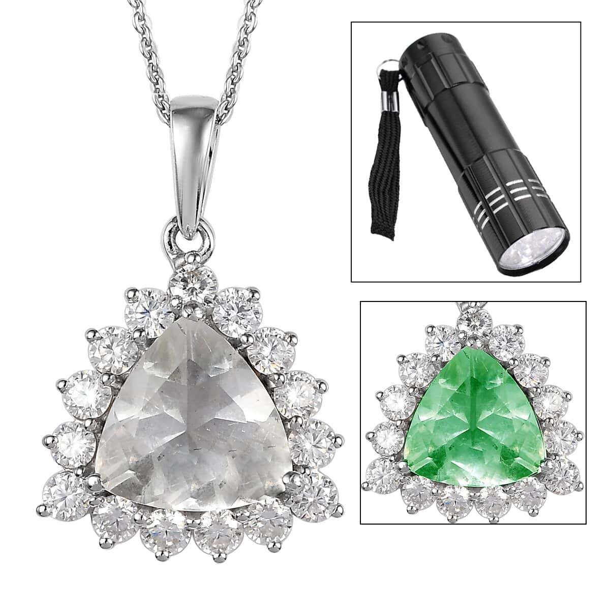 Mexican Hyalite Opal and Moissanite Halo Pendant Necklace 20 Inches in Platinum Over Sterling Silver with Free UV Flash Light 3.40 ctw image number 0