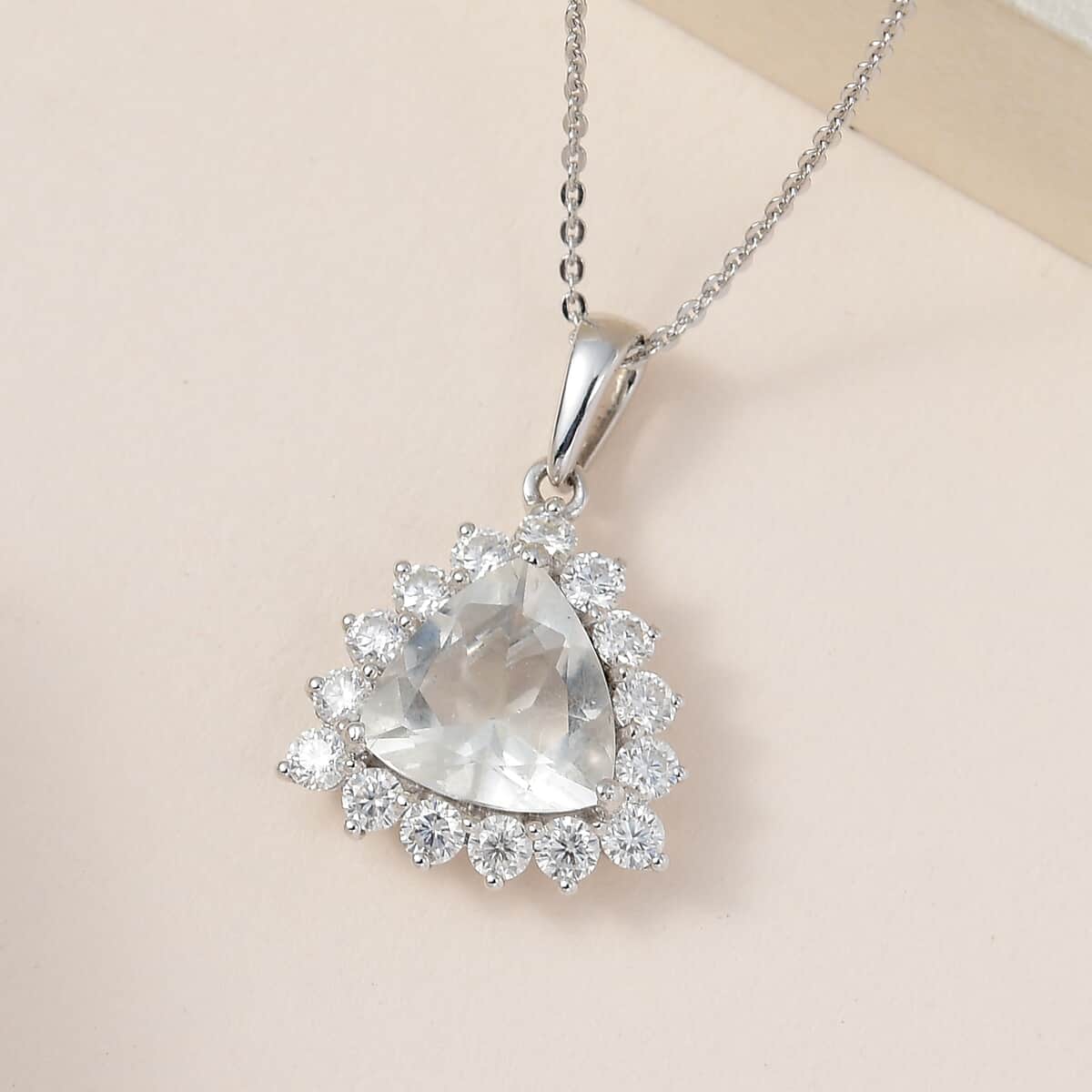 Mexican Hyalite Opal and Moissanite Halo Pendant Necklace 20 Inches in Platinum Over Sterling Silver with Free UV Flash Light 3.40 ctw image number 1