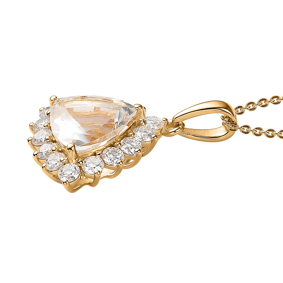 Mexican Hyalite Opal and Moissanite Pendant Halo Necklace 20 Inches in Vermeil Yellow Gold Over Sterling Silver with Free UV Flash Light 3.40 ctw image number 3