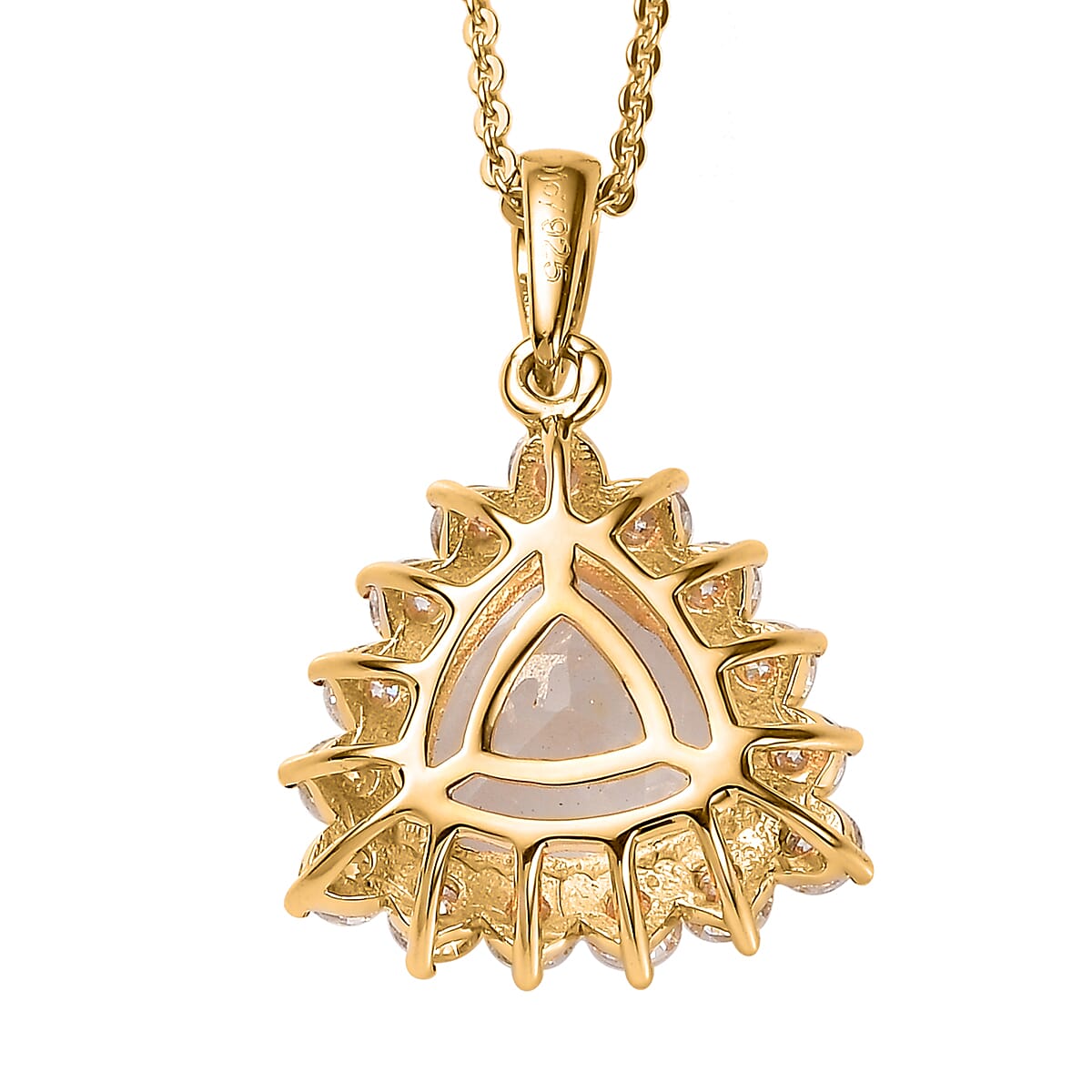 Mexican Hyalite Opal and Moissanite Pendant Halo Necklace 20 Inches in Vermeil Yellow Gold Over Sterling Silver with Free UV Flash Light 3.40 ctw image number 4