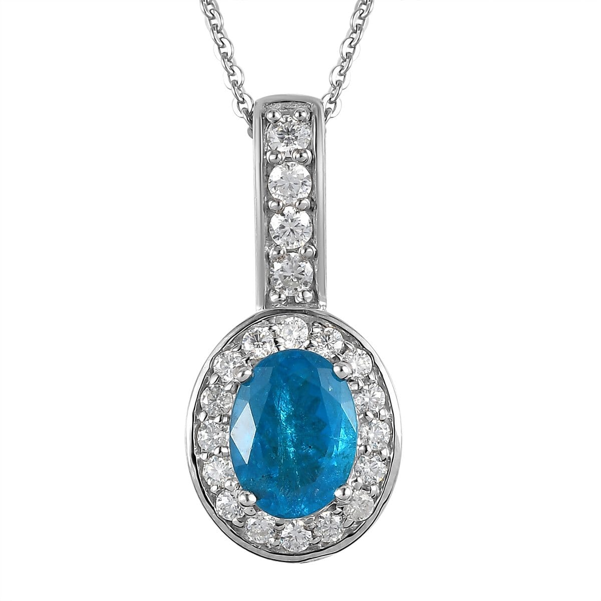 Malgache Neon Apatite and Moissanite Halo Pendant Necklace 20 Inches in Platinum Over Sterling Silver 1.60 ctw image number 0