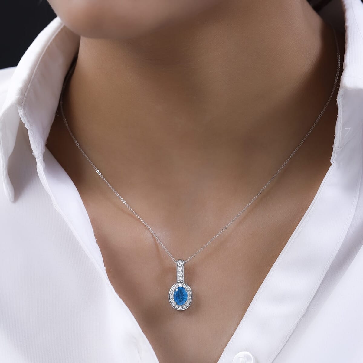 Malgache Neon Apatite and Moissanite Halo Pendant Necklace 20 Inches in Platinum Over Sterling Silver 1.60 ctw image number 2