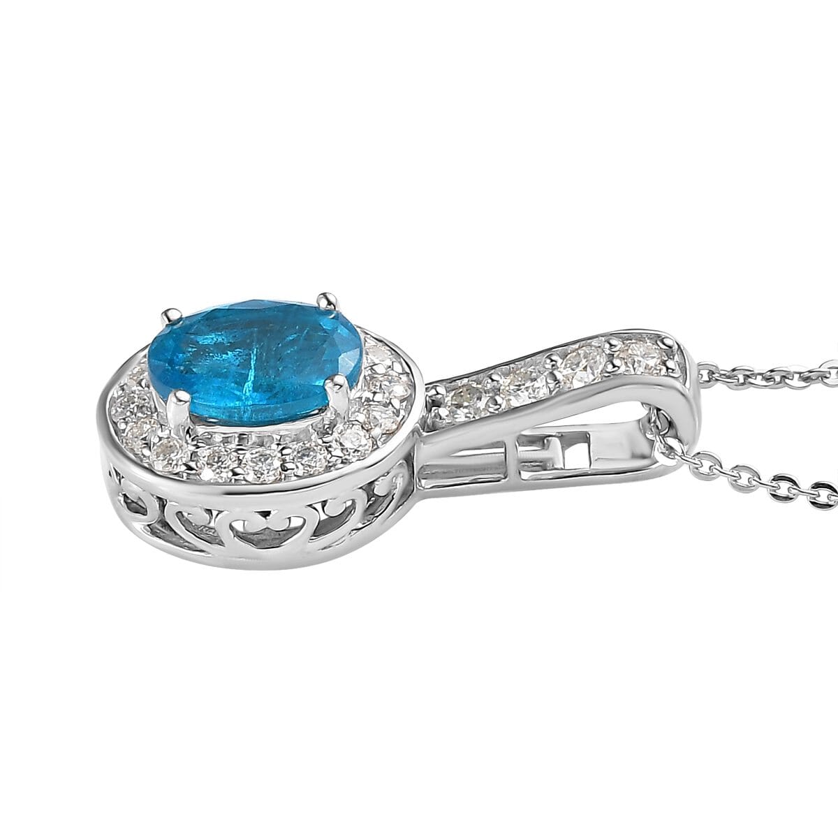 Malgache Neon Apatite and Moissanite Halo Pendant Necklace 20 Inches in Platinum Over Sterling Silver 1.60 ctw image number 3