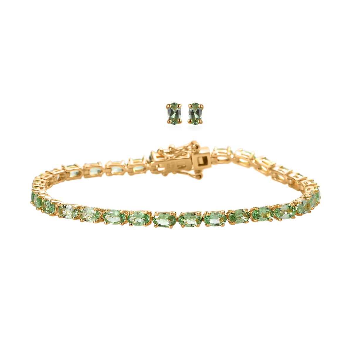 Premium Tsavorite Garnet Stud Earrings and Bracelet (6.50In) in Vermeil Yellow Gold Over Sterling Silver 8.25 ctw image number 0