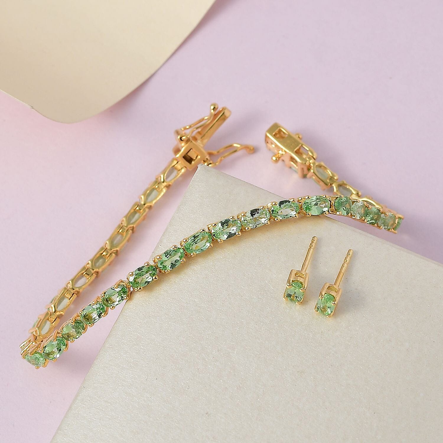 Premium Tsavorite Garnet Stud Earrings and Bracelet (6.50In) in Vermeil Yellow Gold Over Sterling Silver 8.25 ctw