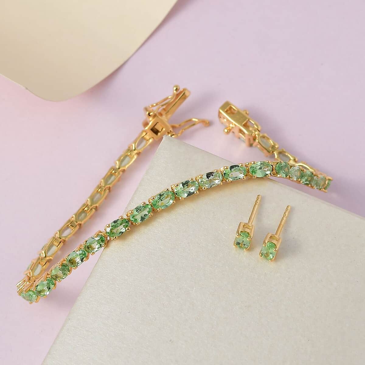 Premium Tsavorite Garnet Stud Earrings and Bracelet (6.50In) in Vermeil Yellow Gold Over Sterling Silver 8.25 ctw image number 1