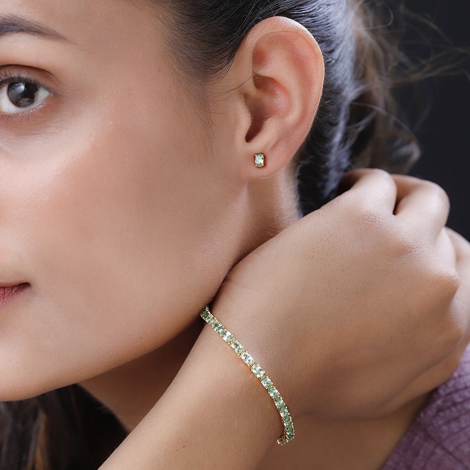 Premium Tsavorite Garnet Stud Earrings and Bracelet (6.50In) in Vermeil Yellow Gold Over Sterling Silver 8.25 ctw