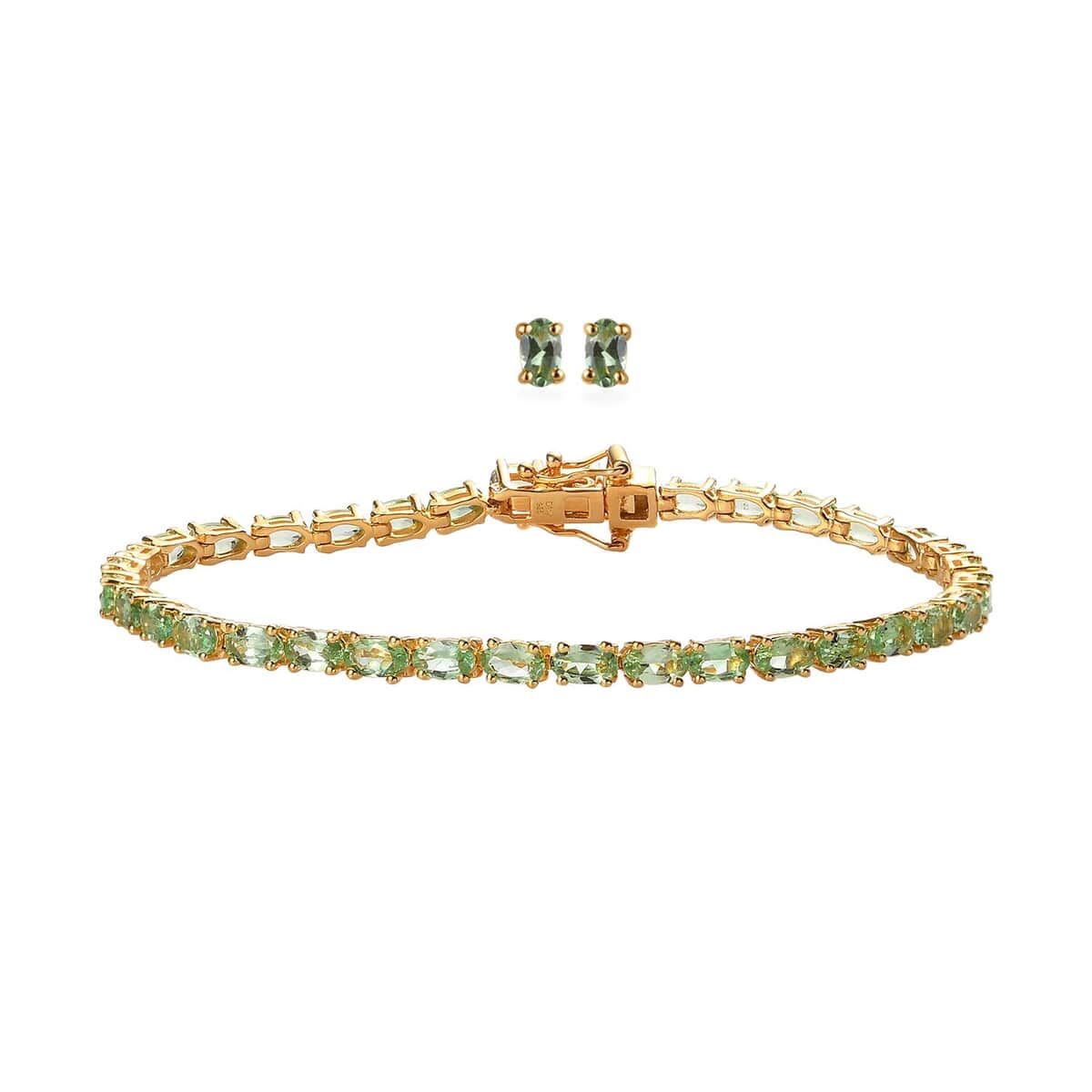 Premium Tsavorite Garnet Stud Earrings and Bracelet (7.25In) in Vermeil Yellow Gold Over Sterling Silver 9.25 ctw image number 0