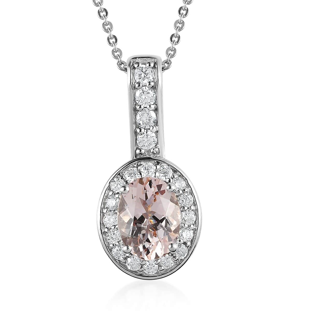 Marropino Morganite and Moissanite Halo Pendant Necklace 20 Inches in Platinum Over Sterling Silver 1.35 ctw image number 0