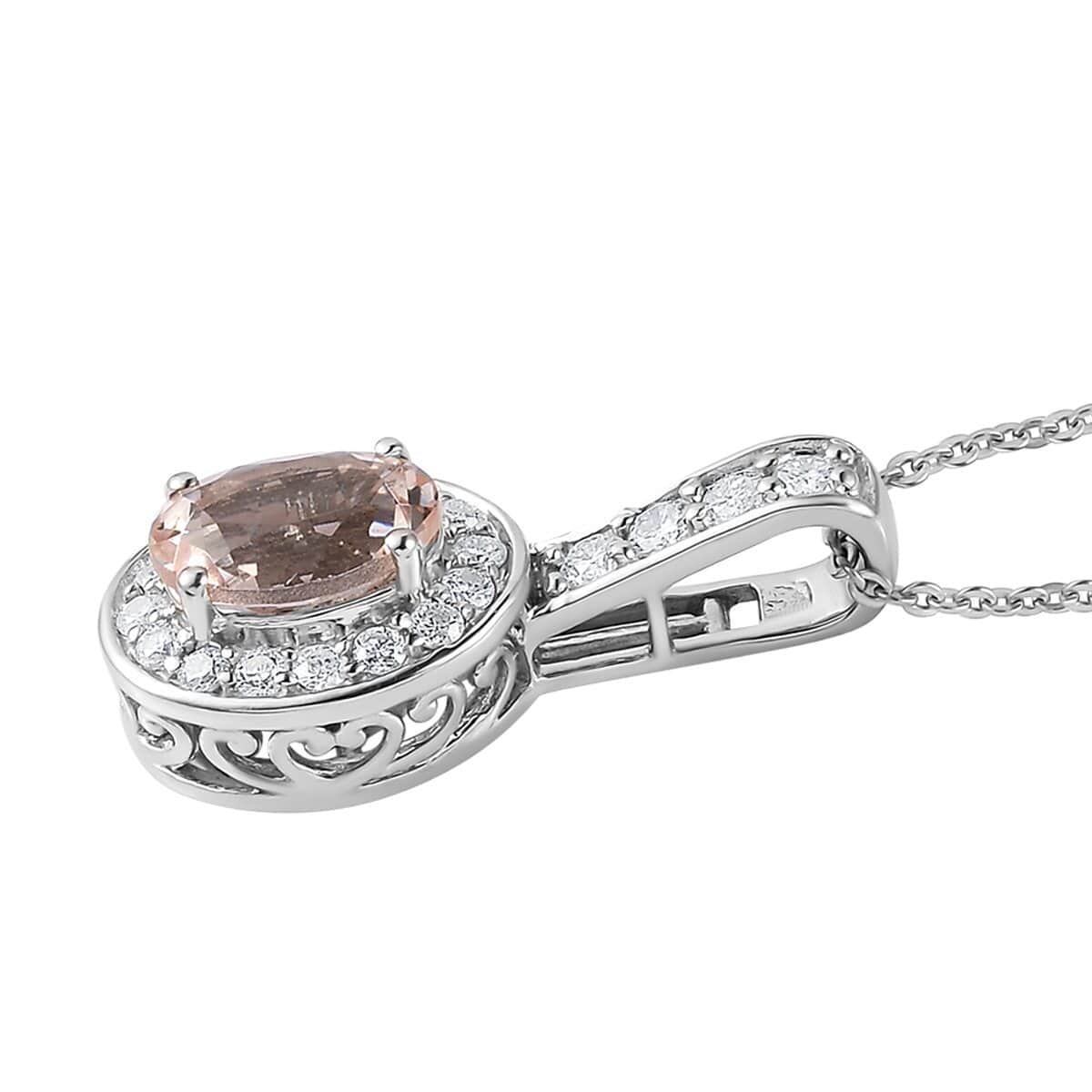 Marropino Morganite and Moissanite Halo Pendant Necklace 20 Inches in Platinum Over Sterling Silver 1.35 ctw image number 3