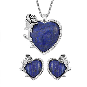 Lapis Lazuli, Simulated Diamond 6.00 ctw Heart Earrings and Pendant Necklace in Silvertone 20-22 Inches