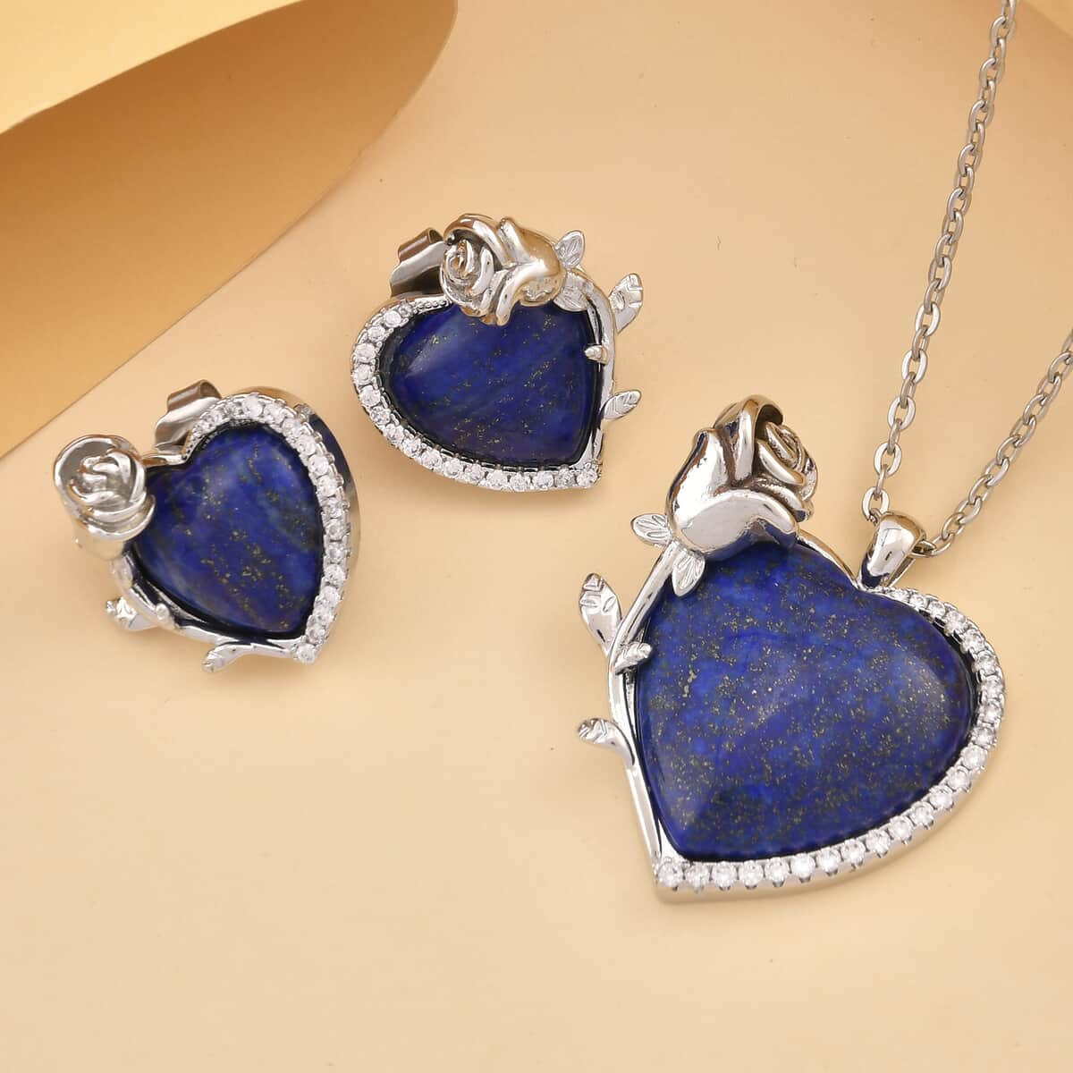 Lapis Lazuli, Simulated Diamond 6.00 ctw Heart Earrings and Pendant Necklace in Silvertone 20-22 Inches image number 1