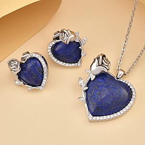 Lapis Lazuli, Simulated Diamond 6.00 ctw Heart Earrings and Pendant Necklace in Silvertone 20-22 Inches
