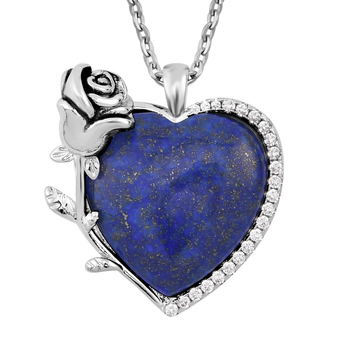 Lapis Lazuli, Simulated Diamond 6.00 ctw Heart Earrings and Pendant Necklace in Silvertone 20-22 Inches image number 2