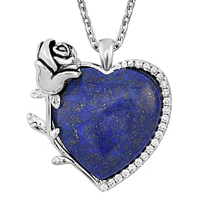 Lapis Lazuli, Simulated Diamond 6.00 ctw Heart Earrings and Pendant Necklace in Silvertone 20-22 Inches