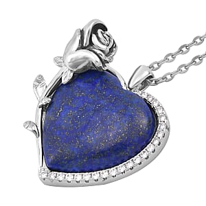 Lapis Lazuli, Simulated Diamond 6.00 ctw Heart Earrings and Pendant Necklace in Silvertone 20-22 Inches