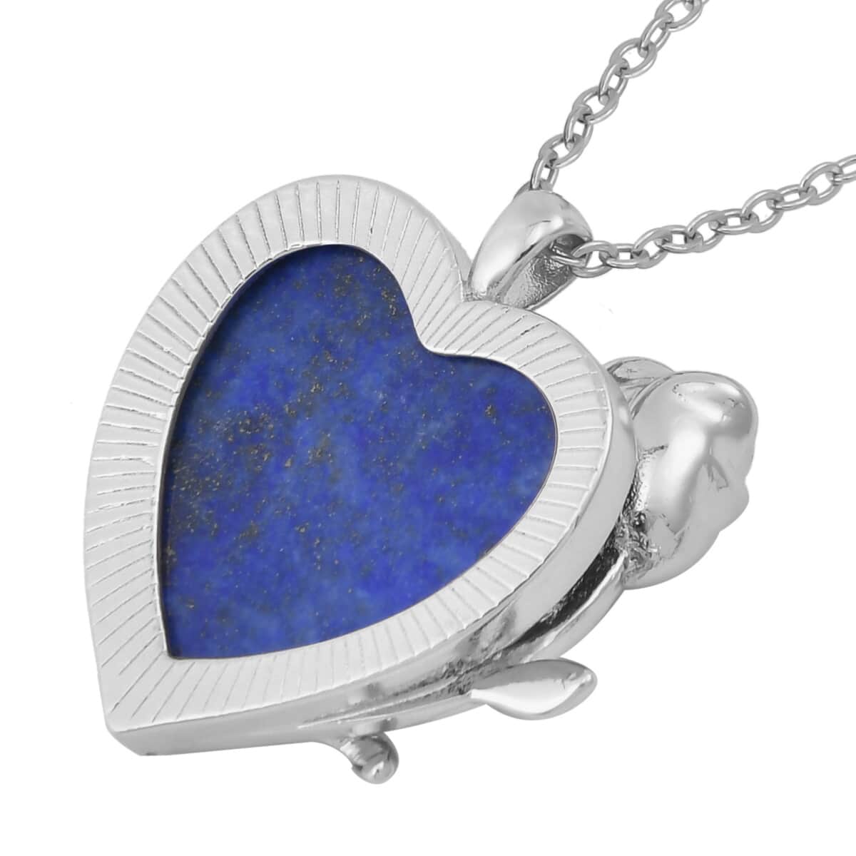 Lapis Lazuli, Simulated Diamond 6.00 ctw Heart Earrings and Pendant Necklace in Silvertone 20-22 Inches image number 4