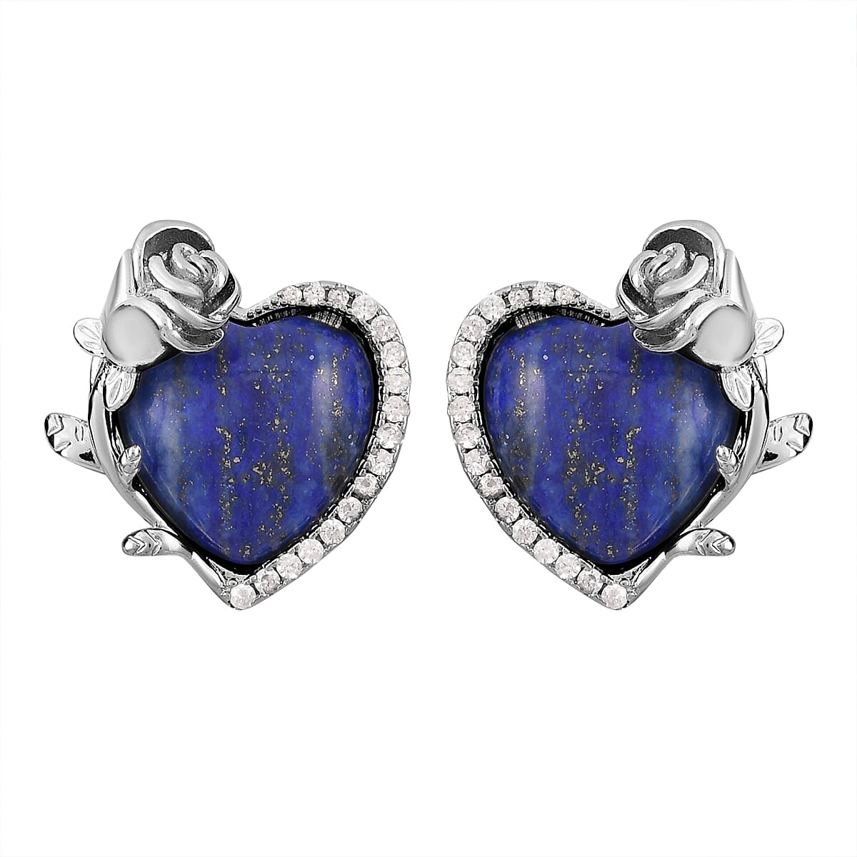 Lapis Lazuli, Simulated Diamond 6.00 ctw Heart Earrings and Pendant Necklace in Silvertone 20-22 Inches