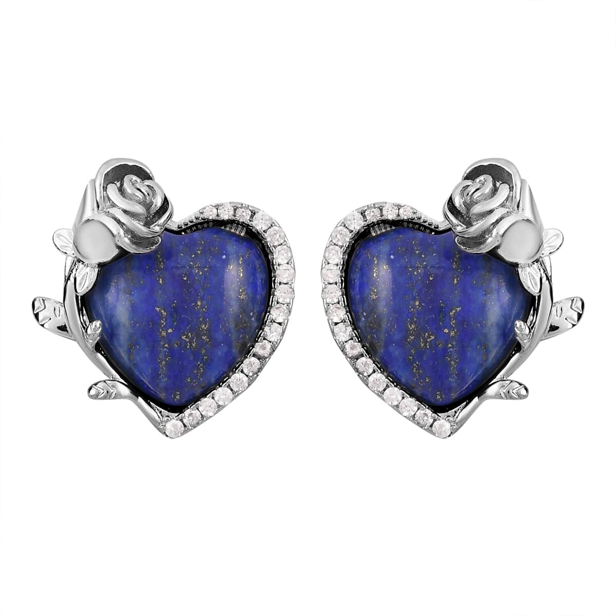 Lapis Lazuli, Simulated Diamond 6.00 ctw Heart Earrings and Pendant Necklace in Silvertone 20-22 Inches image number 5