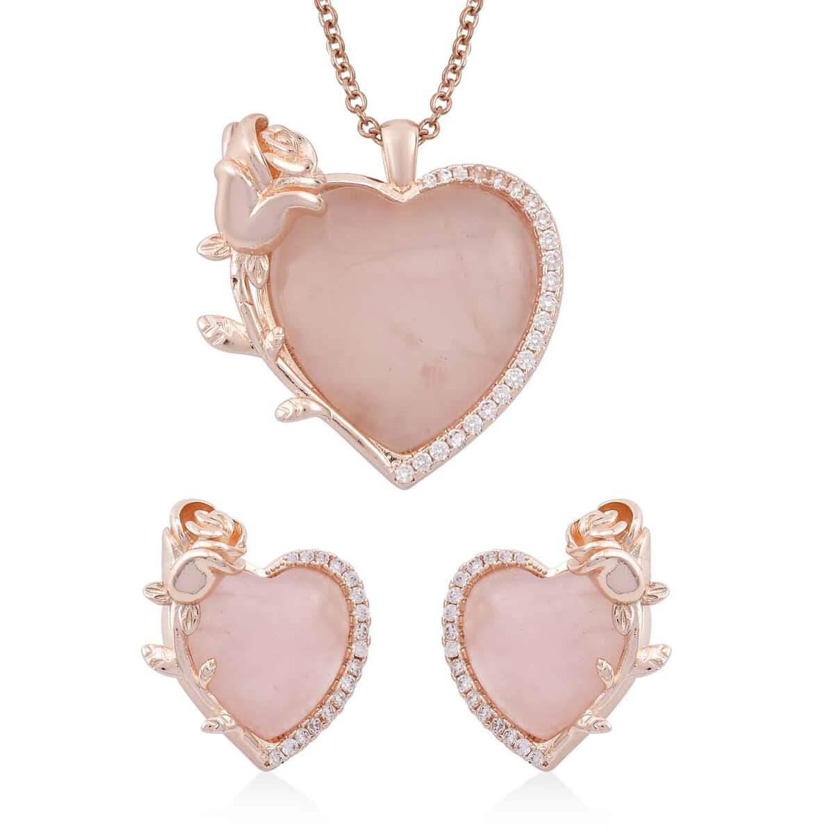 Galilea Rose Quartz, Simulated Diamond Heart Earrings and Pendant Necklace 20-22 Inches in Rosetone 6.00 ctw image number 0