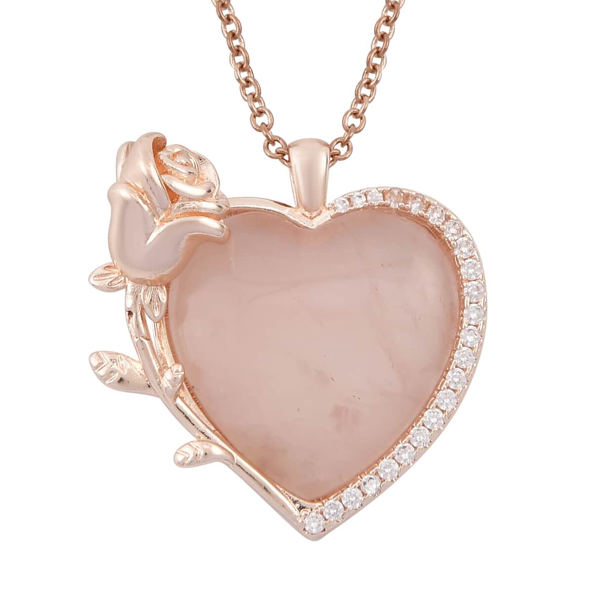 Galilea Rose Quartz, Simulated Diamond Heart Earrings and Pendant Necklace 20-22 Inches in Rosetone 6.00 ctw image number 2