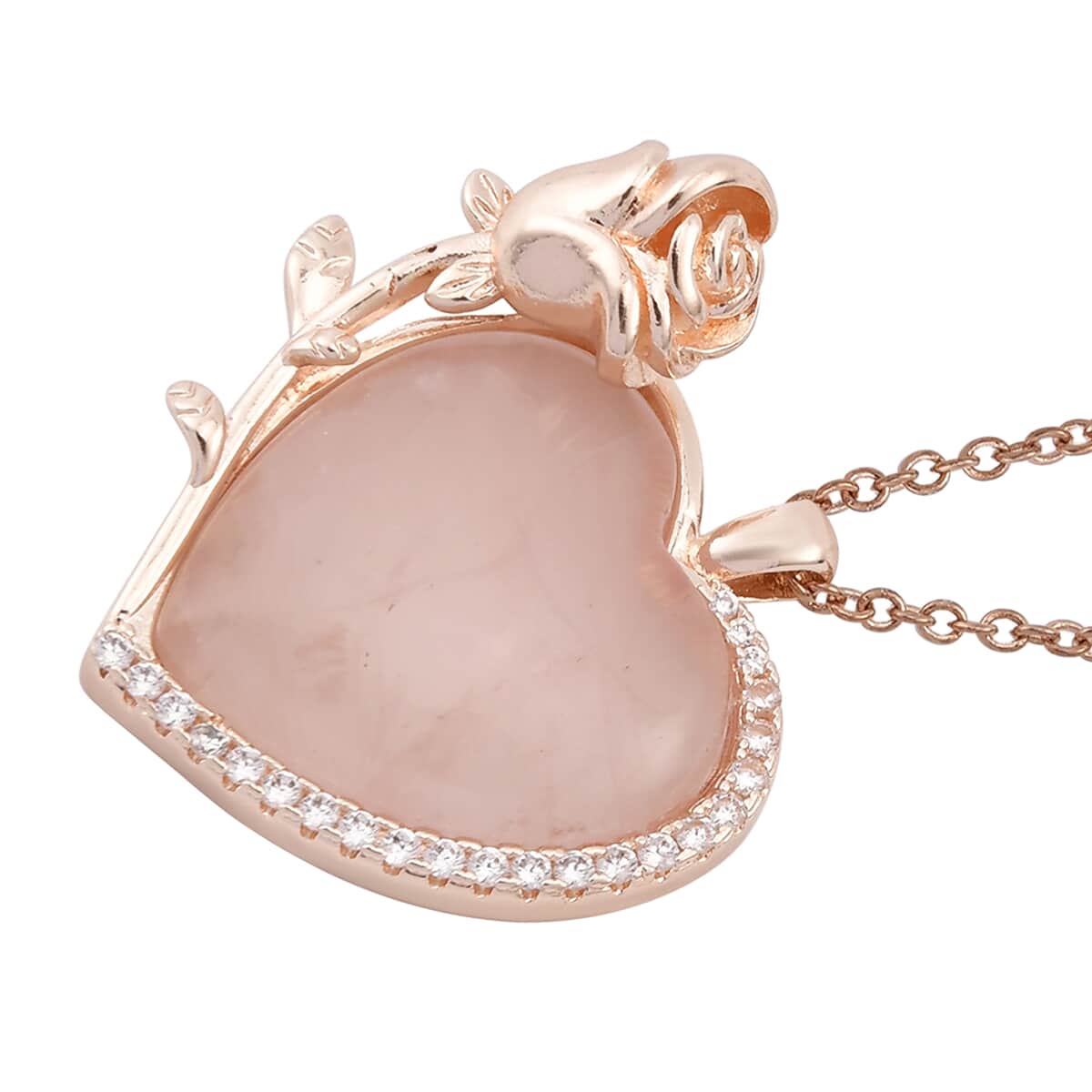 Galilea Rose Quartz, Simulated Diamond Heart Earrings and Pendant Necklace 20-22 Inches in Rosetone 6.00 ctw image number 3
