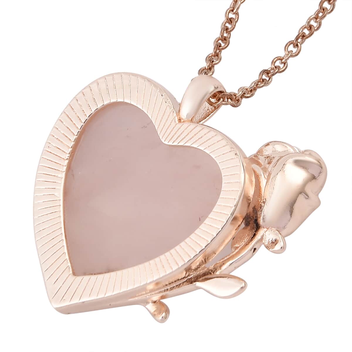 Galilea Rose Quartz, Simulated Diamond Heart Earrings and Pendant Necklace 20-22 Inches in Rosetone 6.00 ctw image number 4